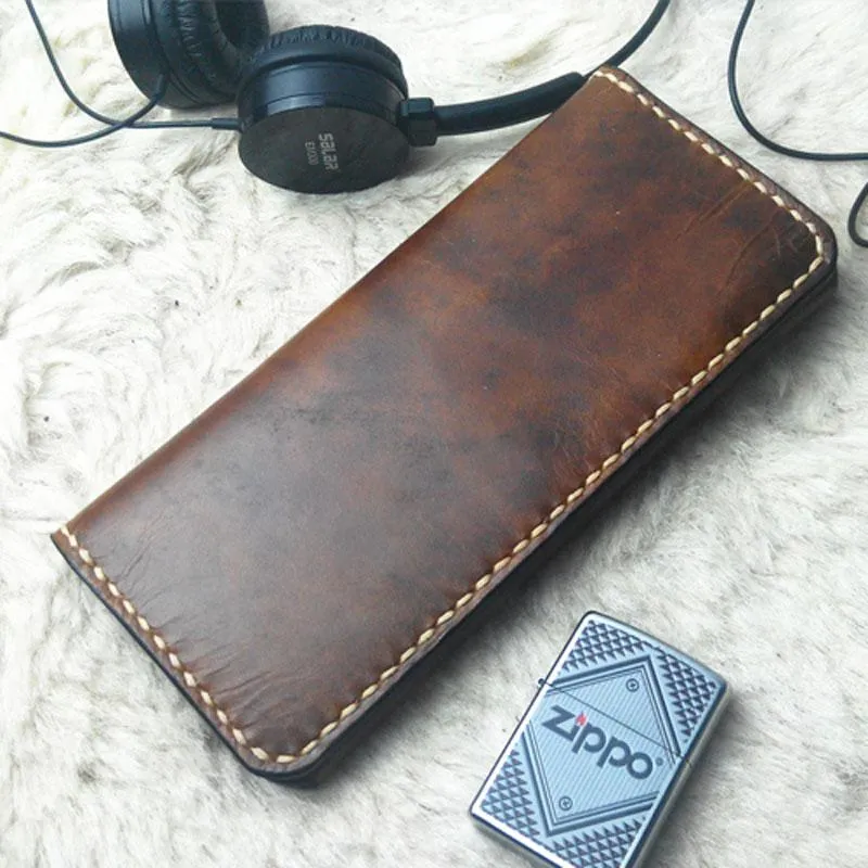 Vintage Coffee Leather Bifold Mens Long Wallet Leather Long Wallets for Men