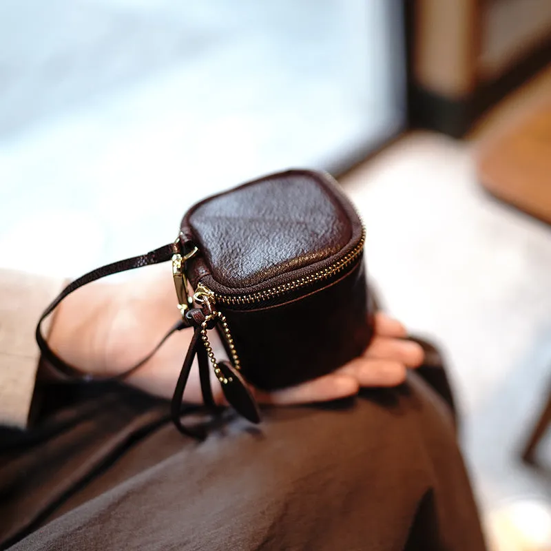 Vintage Coffee Leather Wristlet Wallet Cube Zip Clutch Wallet Womens Tan Ladies Zip Around Wallets for Women