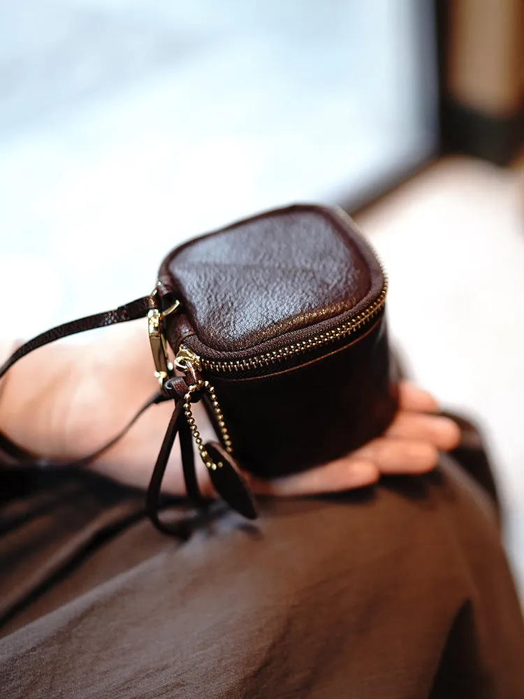 Vintage Coffee Leather Wristlet Wallet Cube Zip Clutch Wallet Womens Tan Ladies Zip Around Wallets for Women