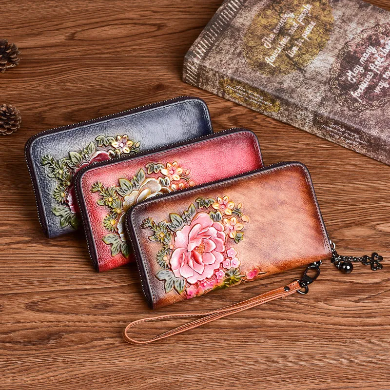 Vintage Flowers Brown Leather Wristlet Wallet Womens Zip Around Wallets Flowers Ladies Zipper Clutch Wallet for Women