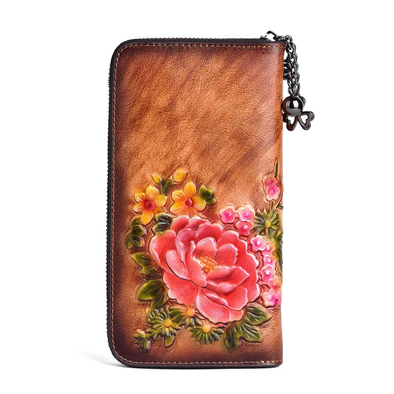 Vintage Flowers Brown Leather Wristlet Wallet Womens Zip Around Wallets Flowers Ladies Zipper Clutch Wallet for Women