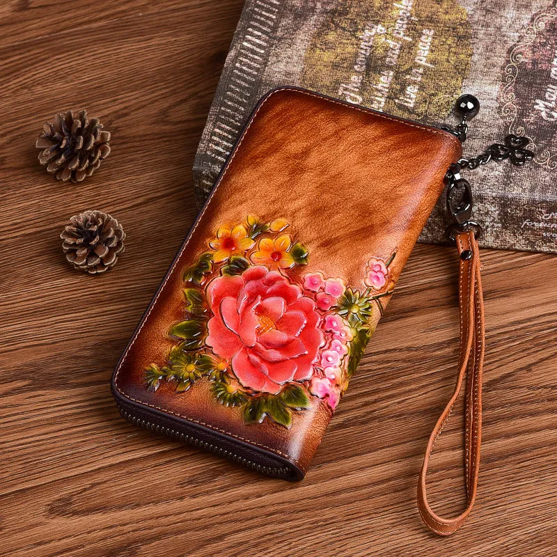 Vintage Flowers Gray Leather Wristlet Wallet Womens Zip Around Wallets Flowers Ladies Zipper Clutch Wallet for Women