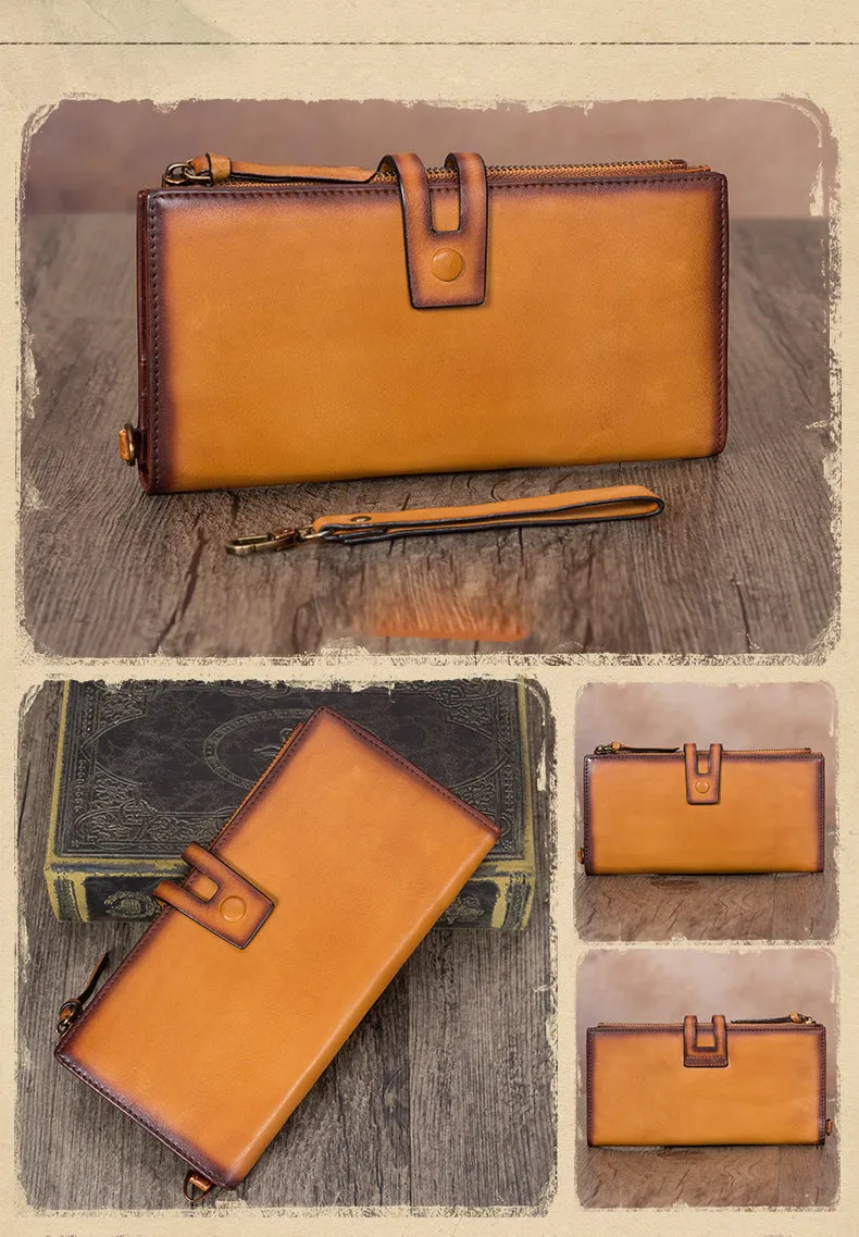 Vintage Green Leather Wristlet Wallet Womens Wallet Bifold Long Clutch Wallet for Women
