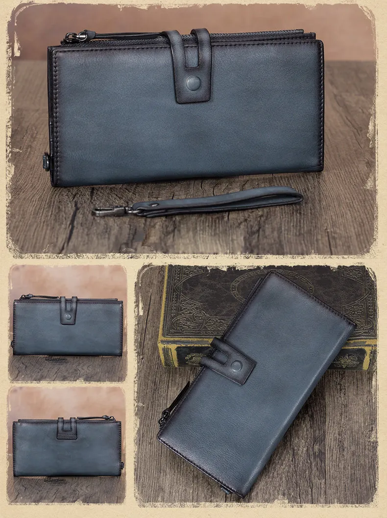 Vintage Green Leather Wristlet Wallet Womens Wallet Bifold Long Clutch Wallet for Women