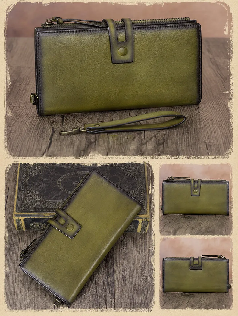 Vintage Green Leather Wristlet Wallet Womens Wallet Bifold Long Clutch Wallet for Women
