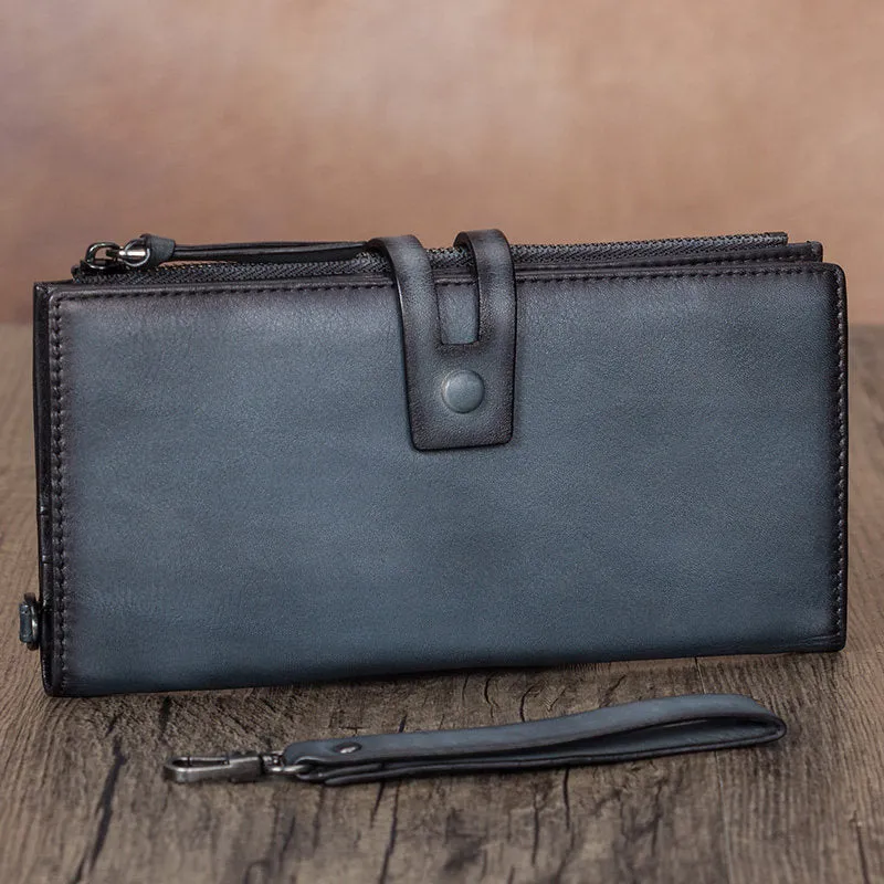 Vintage Green Leather Wristlet Wallet Womens Wallet Bifold Long Clutch Wallet for Women
