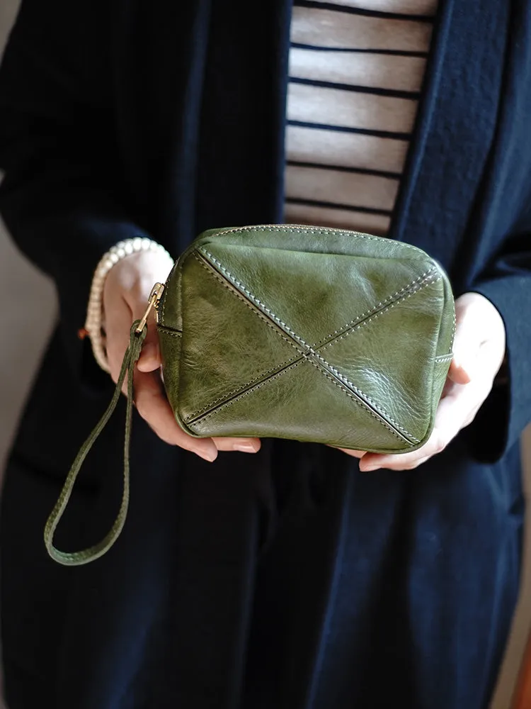 Vintage Green Leather Wristlet Wallet Zipper Clutch Wallet  Womens Tan Ladies Zip Around Wallets for Women