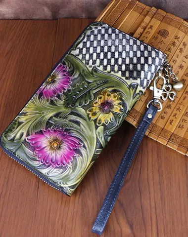 Vintage Handmade Flowers Floral Red Leather Wristlet Wallet Womens Zip Around Wallets Flowers Ladies Zipper Clutch Wallet for Women