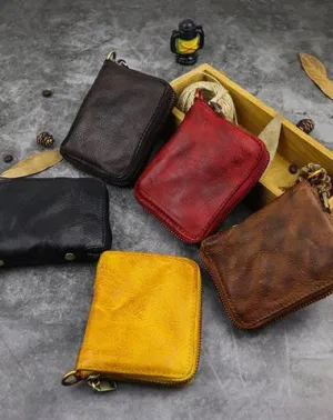 Vintage Leather Brown Men's Bifold Small Wallet Black Zipper billfold Wallet For Men
