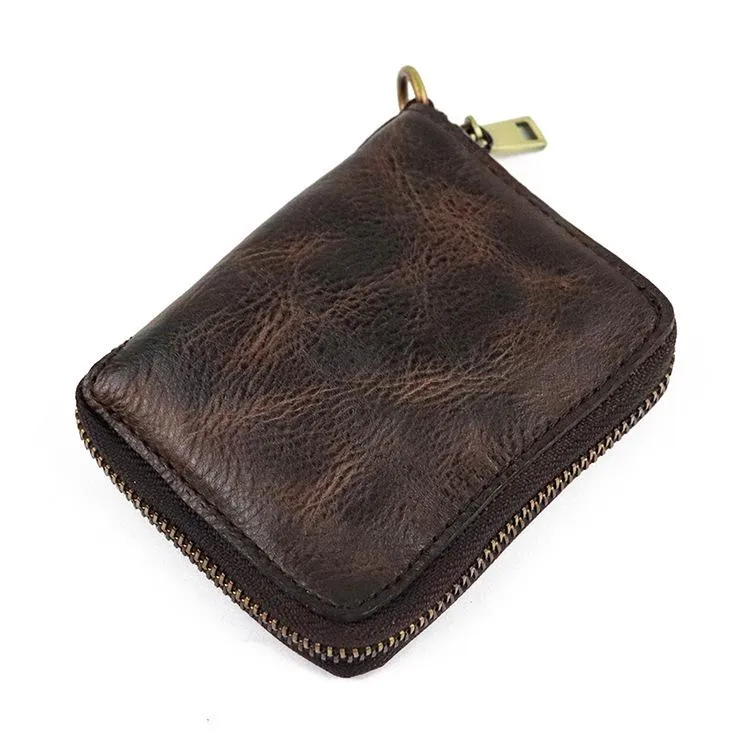 Vintage Leather Brown Men's Bifold Small Wallet Black Zipper billfold Wallet For Men