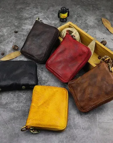 Vintage Leather Brown Men's Bifold Small Wallet Black Zipper billfold Wallet For Men