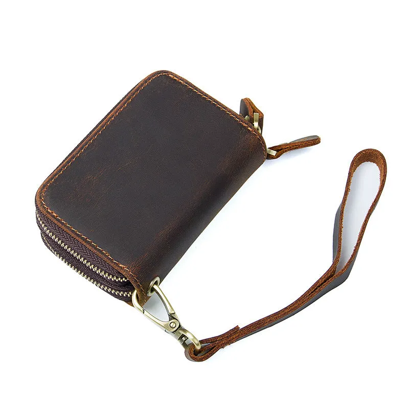 Vintage Leather Mens Small Key Wallet Zipper Card Wallet for Men