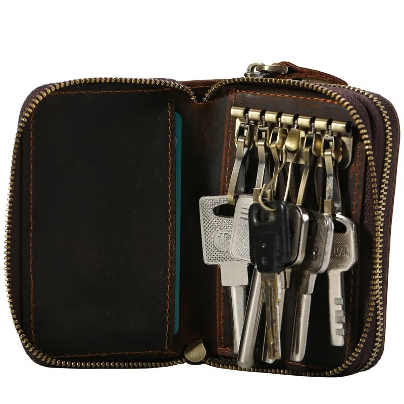 Vintage Leather Mens Small Key Wallet Zipper Card Wallet for Men