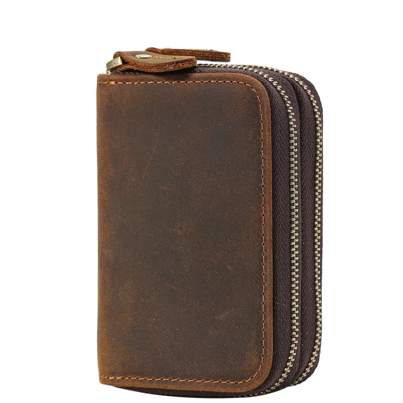 Vintage Leather Mens Small Key Wallet Zipper Card Wallet for Men