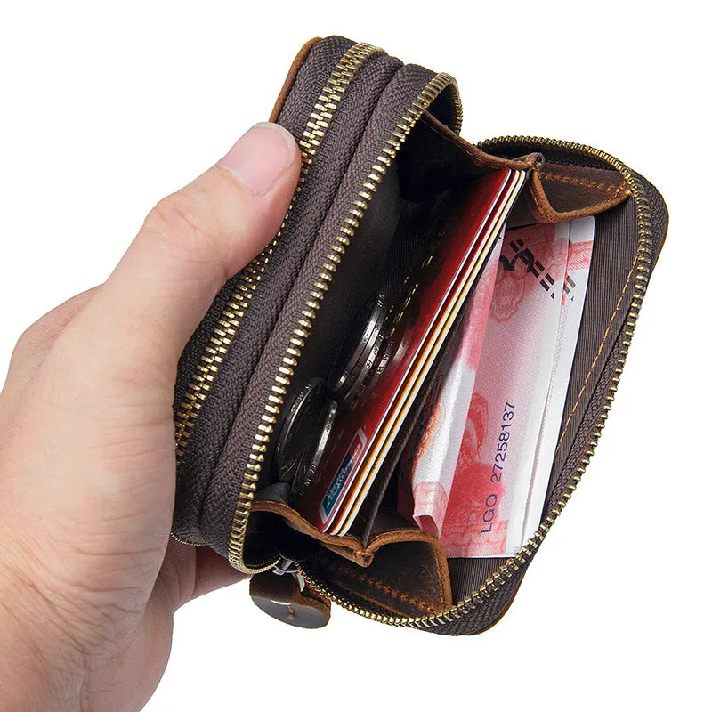 Vintage Leather Mens Small Key Wallet Zipper Card Wallet for Men