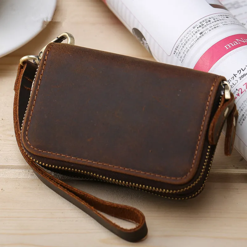 Vintage Leather Mens Small Key Wallet Zipper Card Wallet for Men
