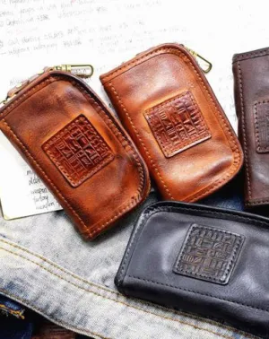 Vintage Mens LEATHER Car Key Holder Zipper Key Wallet Key Holder for Men