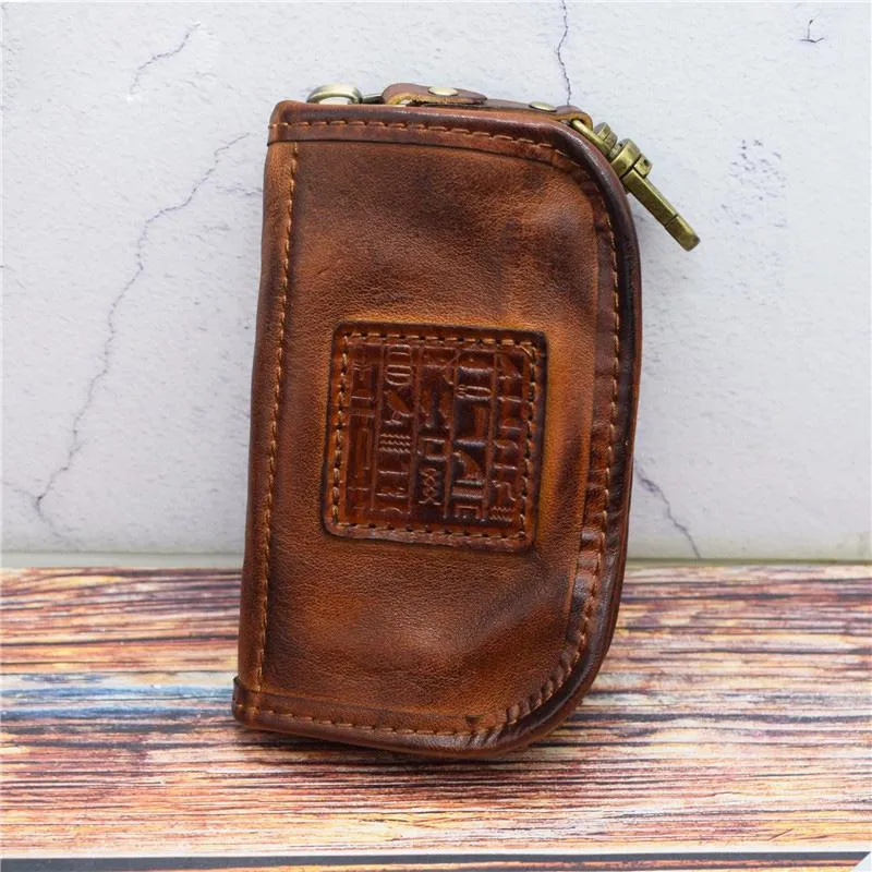 Vintage Mens LEATHER Car Key Holder Zipper Key Wallet Key Holder for Men