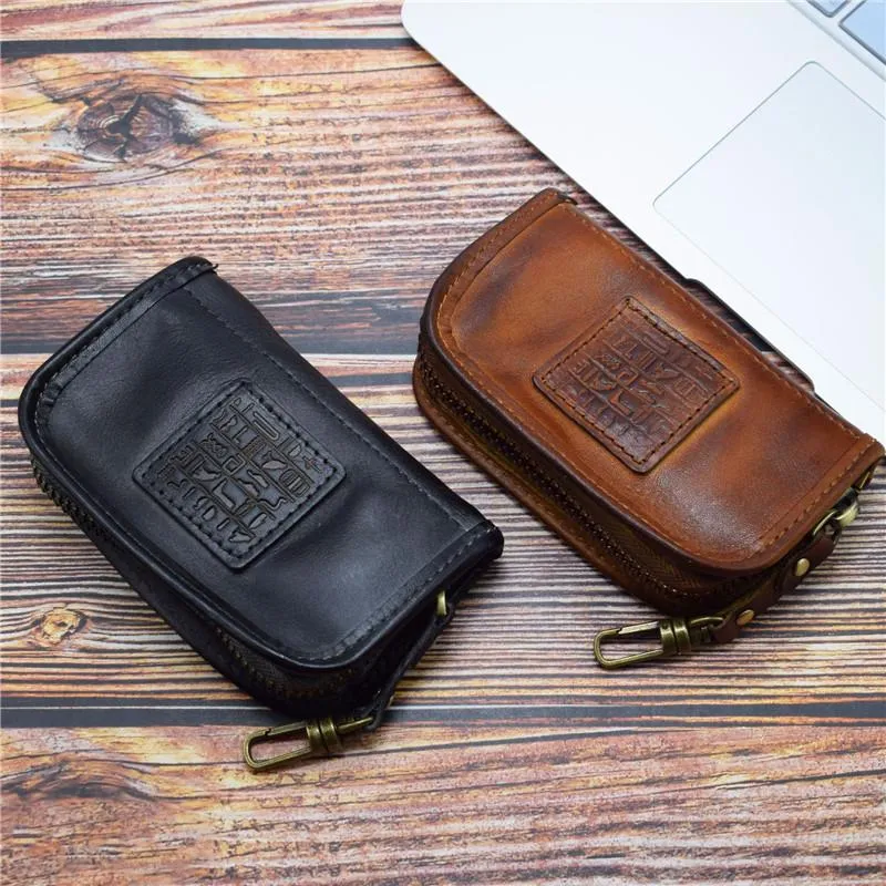 Vintage Mens LEATHER Car Key Holder Zipper Key Wallet Key Holder for Men