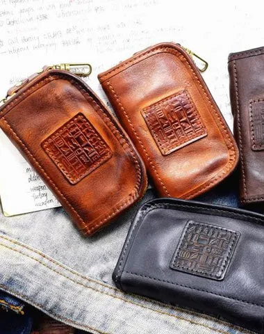 Vintage Mens LEATHER Car Key Holder Zipper Key Wallet Key Holder for Men