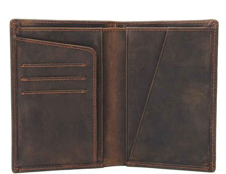 Vintage Mens Leather Small Slim Passport Wallets Bifold Long Wallet For Men
