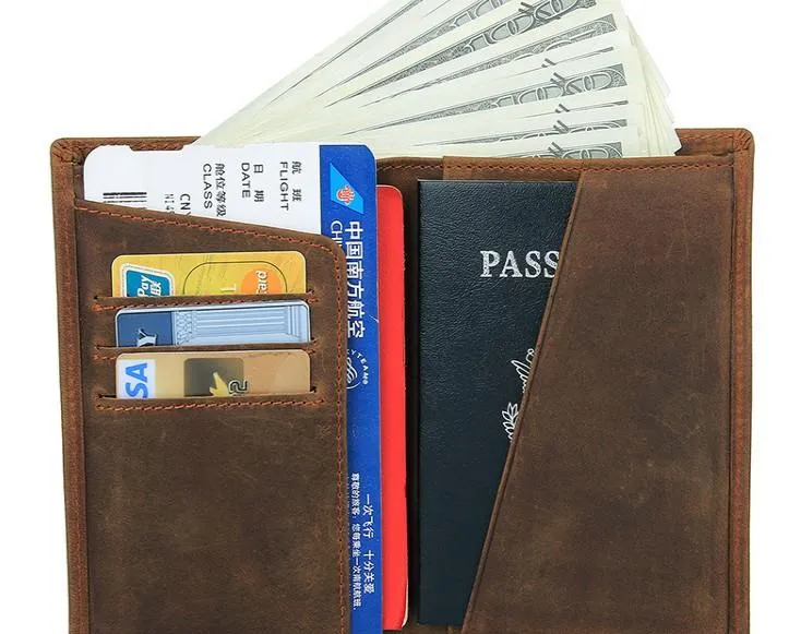 Vintage Mens Leather Small Slim Passport Wallets Bifold Long Wallet For Men