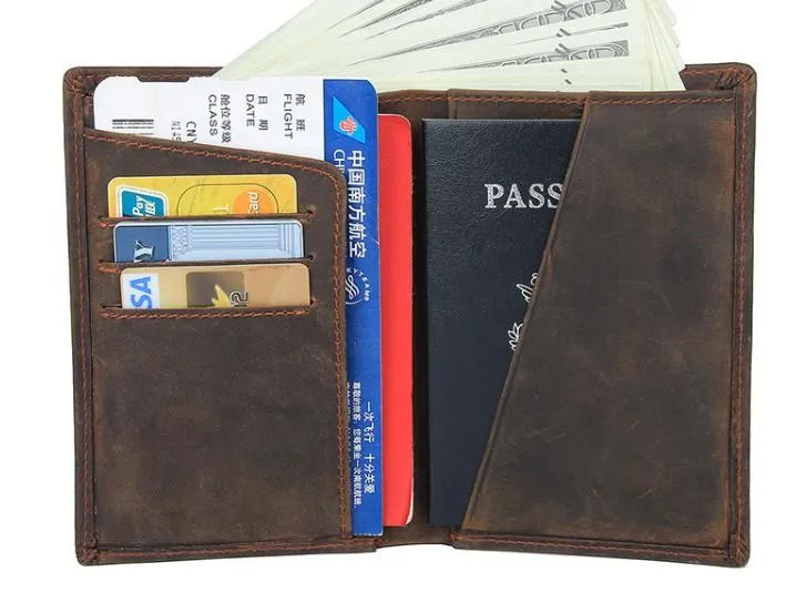 Vintage Mens Leather Small Slim Passport Wallets Bifold Long Wallet For Men