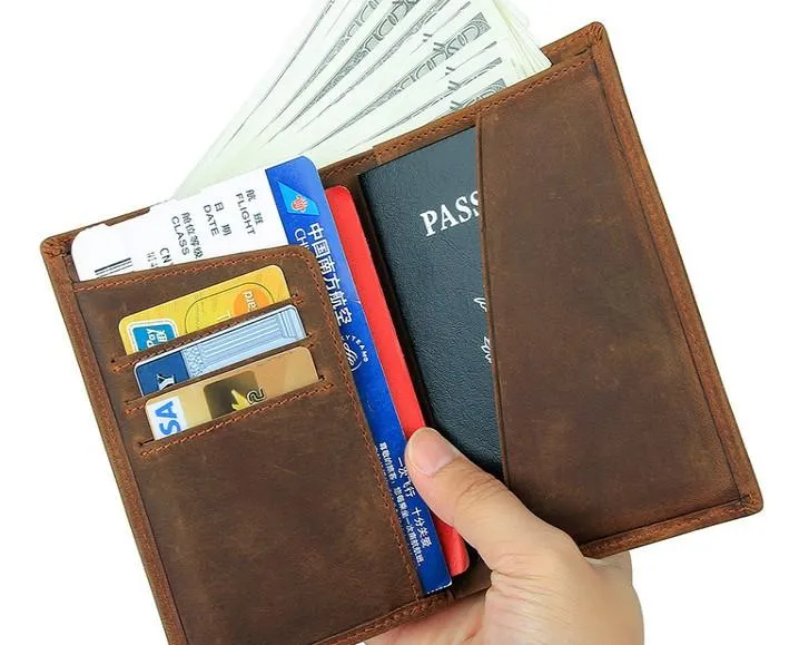 Vintage Mens Leather Small Slim Passport Wallets Bifold Long Wallet For Men