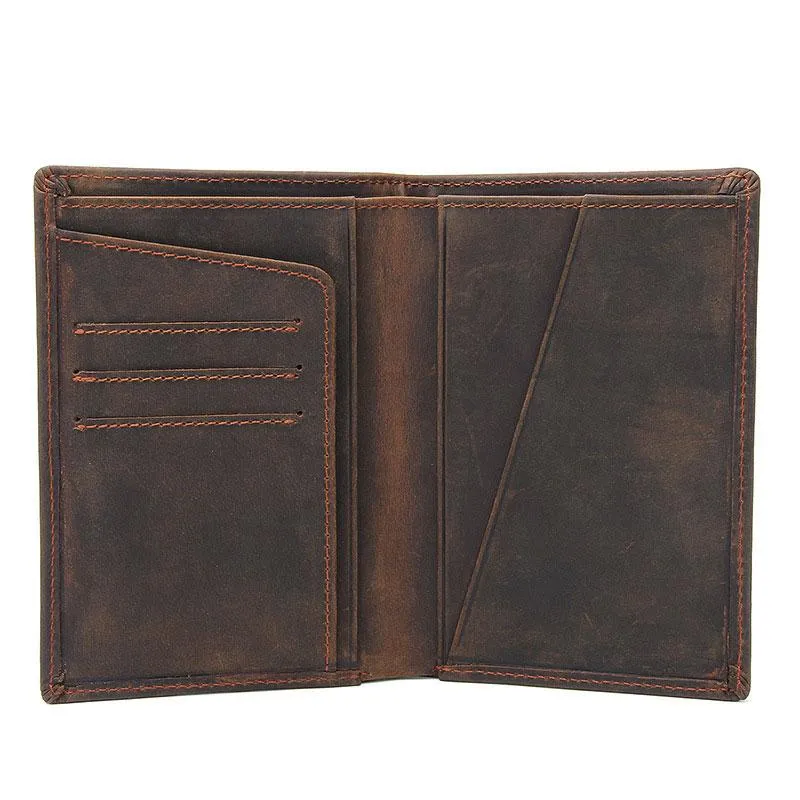 Vintage Mens Leather Small Slim Passport Wallets Bifold Long Wallet For Men