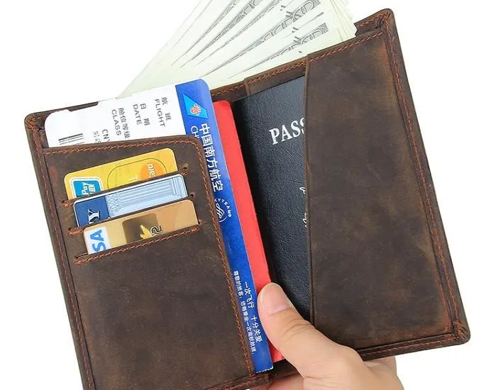 Vintage Mens Leather Small Slim Passport Wallets Bifold Long Wallet For Men