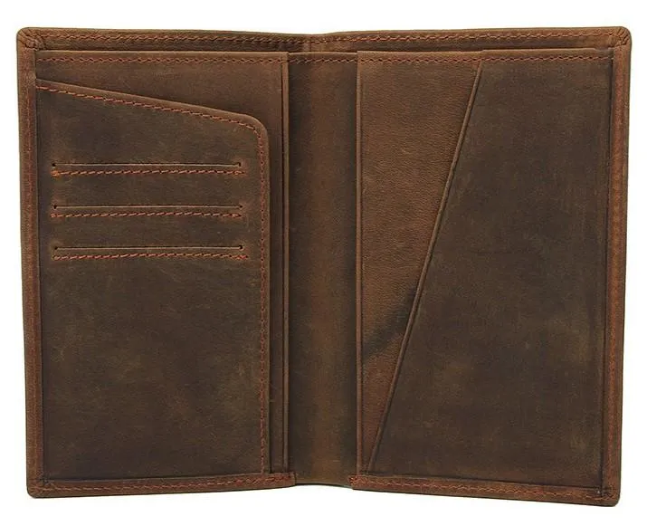 Vintage Mens Leather Small Slim Passport Wallets Bifold Long Wallet For Men