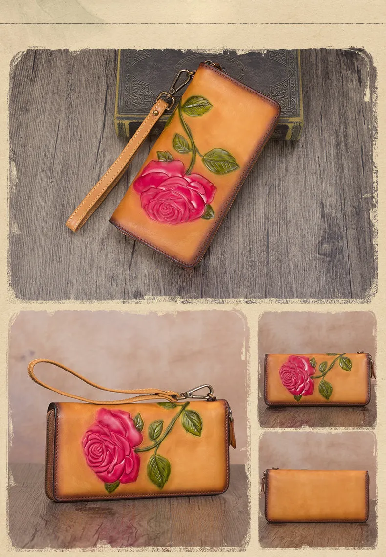 Vintage Rose Flower Green Leather Wristlet Wallet Womens Rose Zip Around Wallets Flower Ladies Zipper Clutch Wallet for Women