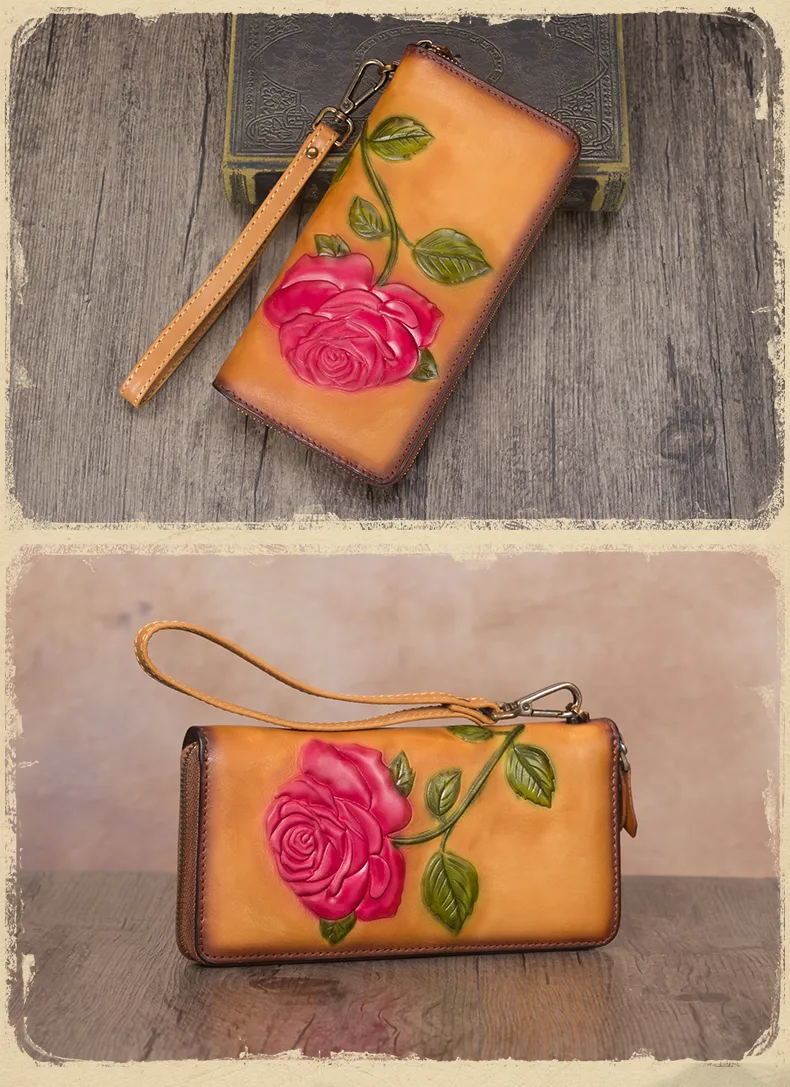 Vintage Rose Flower Green Leather Wristlet Wallet Womens Rose Zip Around Wallets Flower Ladies Zipper Clutch Wallet for Women