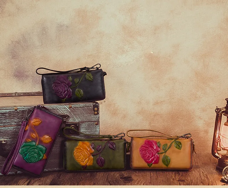 Vintage Rose Flower Green Leather Wristlet Wallet Womens Rose Zip Around Wallets Flower Ladies Zipper Clutch Wallet for Women