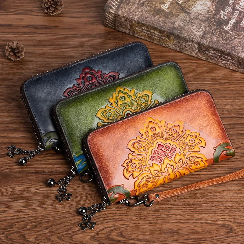 Vintage SunFlower Green Leather Wristlet Wallet Womens Flower Zip Around Wallets Flowers Ladies Zipper Clutch Wallet for Women