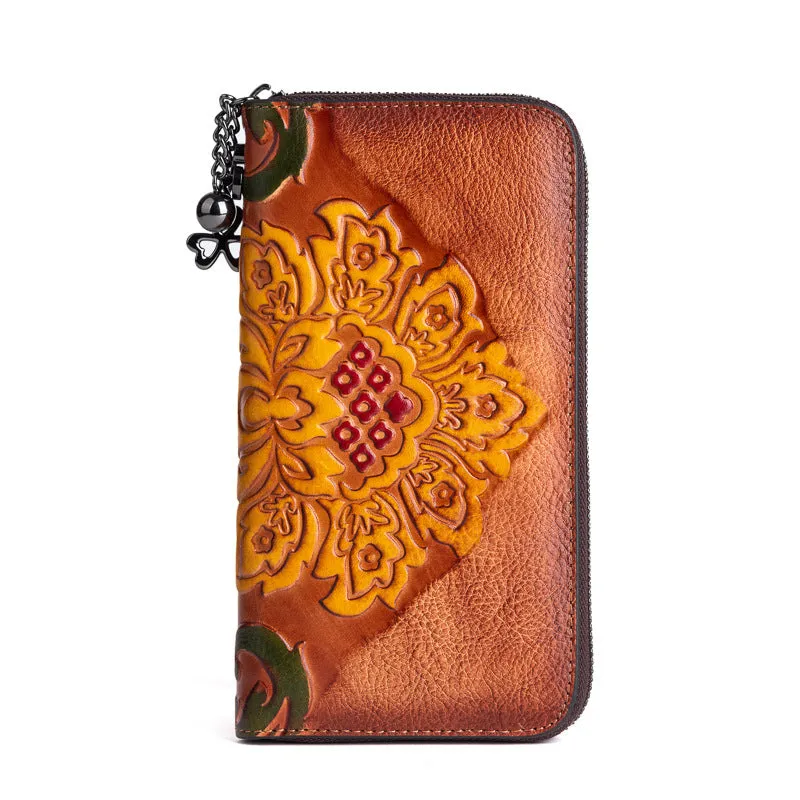 Vintage SunFlower Green Leather Wristlet Wallet Womens Flower Zip Around Wallets Flowers Ladies Zipper Clutch Wallet for Women