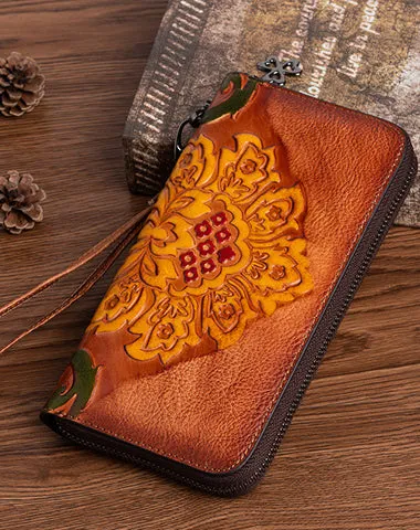 Vintage SunFlower Green Leather Wristlet Wallet Womens Flower Zip Around Wallets Flowers Ladies Zipper Clutch Wallet for Women