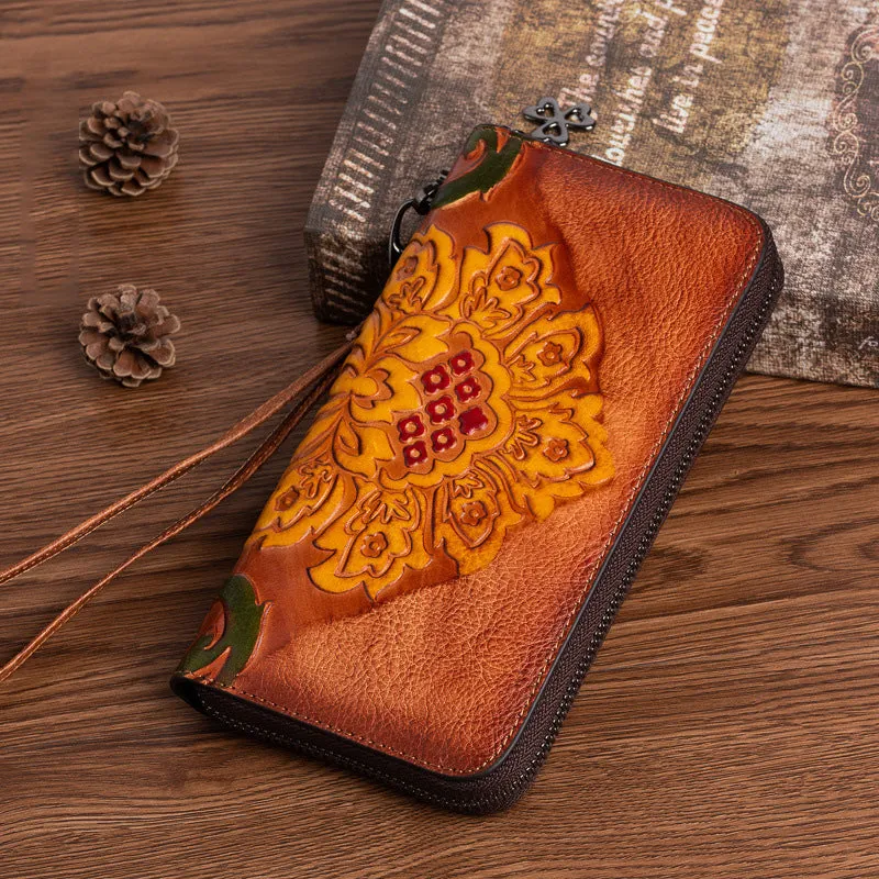 Vintage SunFlower Green Leather Wristlet Wallet Womens Flower Zip Around Wallets Flowers Ladies Zipper Clutch Wallet for Women