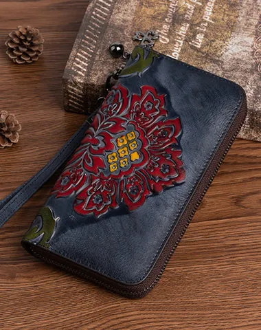 Vintage SunFlower Green Leather Wristlet Wallet Womens Flower Zip Around Wallets Flowers Ladies Zipper Clutch Wallet for Women