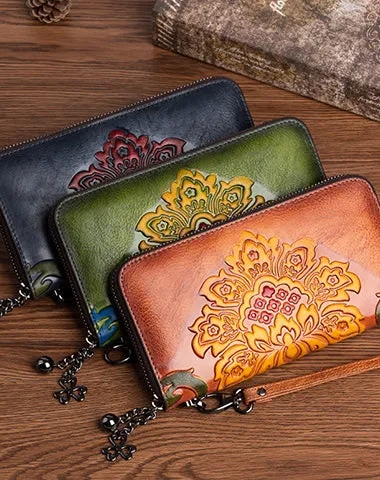 Vintage SunFlower Green Leather Wristlet Wallet Womens Flower Zip Around Wallets Flowers Ladies Zipper Clutch Wallet for Women