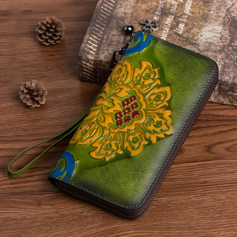 Vintage SunFlower Green Leather Wristlet Wallet Womens Flower Zip Around Wallets Flowers Ladies Zipper Clutch Wallet for Women