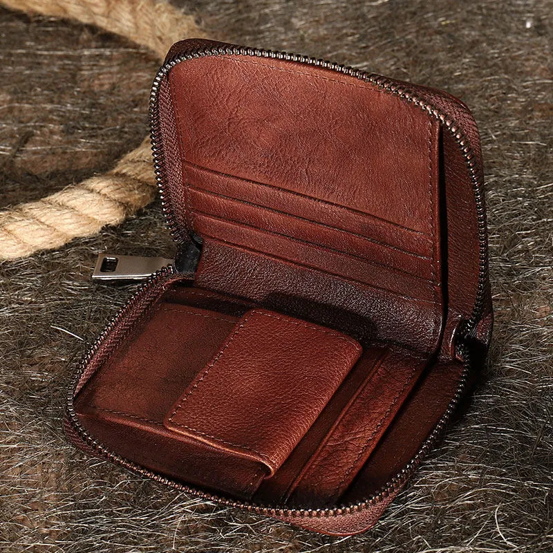 Vintage Women Brown Leather Small Wallet Zip Around Bifold Billfold Wallet with Coin Pocket For Women