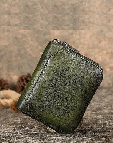 Vintage Women Brown Leather Small Wallet Zip Around Bifold Billfold Wallet with Coin Pocket For Women