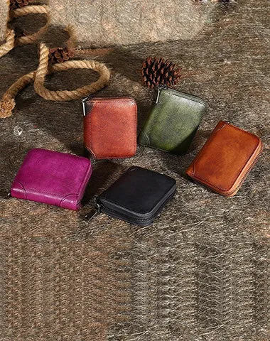 Vintage Women Brown Leather Small Wallet Zip Around Bifold Billfold Wallet with Coin Pocket For Women