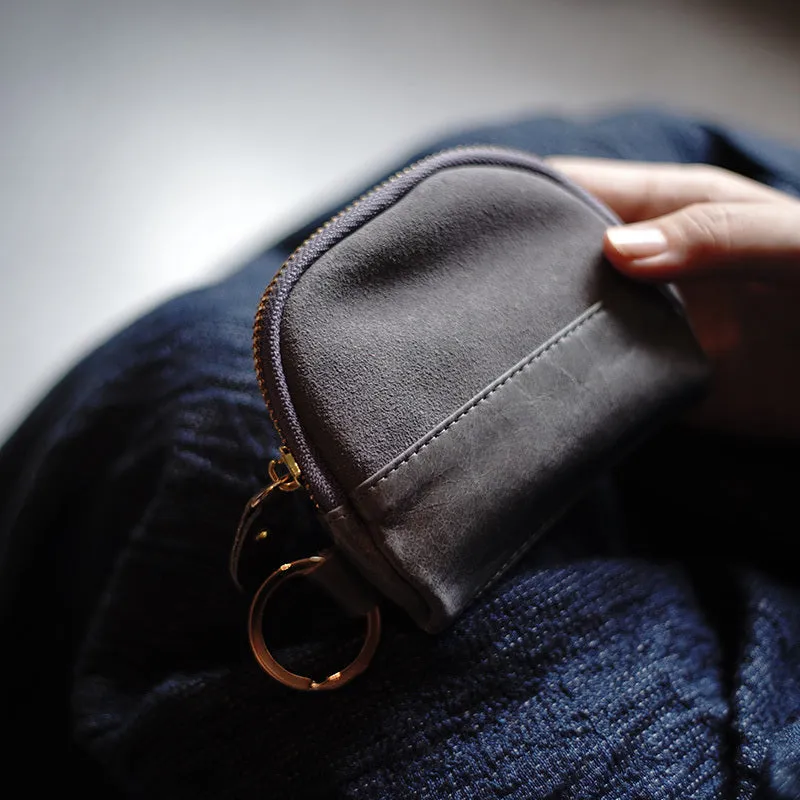 Vintage Women Gray Leather Zip Coin Pouch with Keyring Coin Wallet Change Wallet For Women