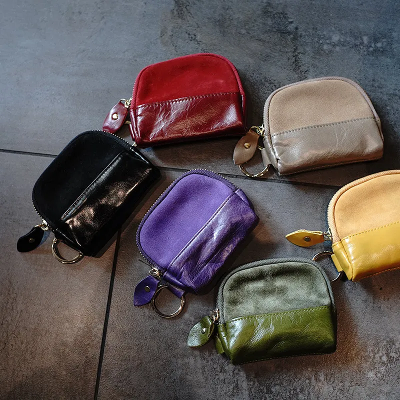 Vintage Women Gray Leather Zip Coin Pouch with Keyring Coin Wallet Change Wallet For Women