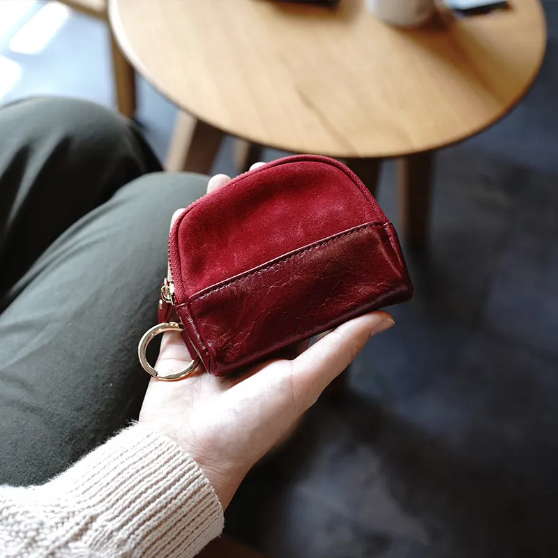 Vintage Women Gray Leather Zip Coin Pouch with Keyring Coin Wallet Change Wallet For Women