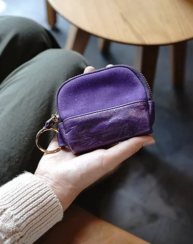 Vintage Women Gray Leather Zip Coin Pouch with Keyring Coin Wallet Change Wallet For Women