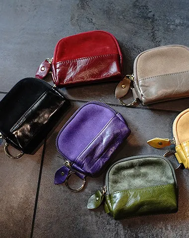 Vintage Women Gray Leather Zip Coin Pouch with Keyring Coin Wallet Change Wallet For Women