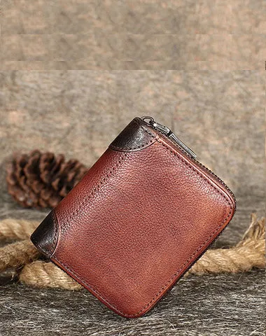 Vintage Women Green Leather Small Wallet Zip Around Bifold Billfold Wallet with Coin Pocket For Women